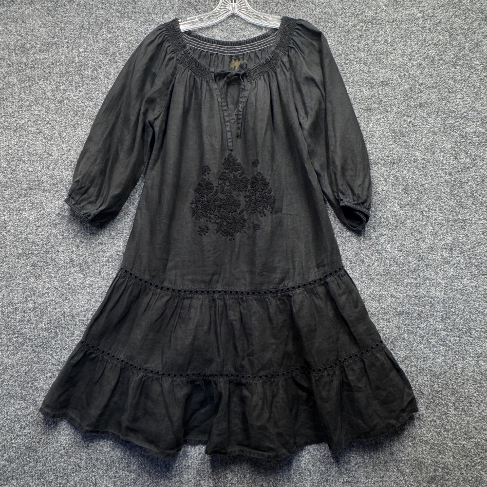 Claudio Milano Embroidered Peasant Dress Womens L Black Boho Tiered Eyelet Lace